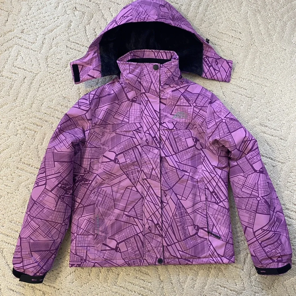 OTU Womens Purple Geometric Map Print Waterproof Ski Snowboard Jacket Hooded Med